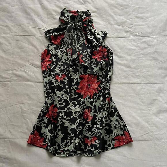 Moda International vintage black red floral sleeveless high neck blouse tie neck - Picture 3 of 7
